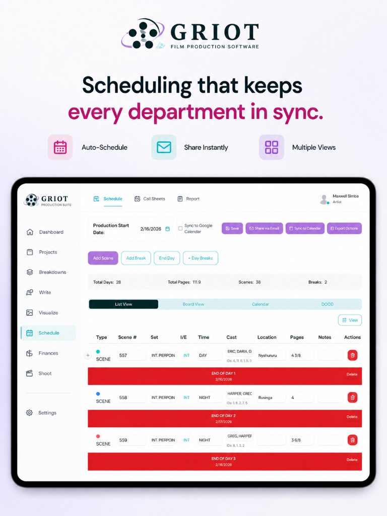 Griot scheduling stripboard list view with Gmail and Google Calendar.